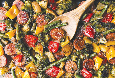 sheet pan with sausage and vegetables